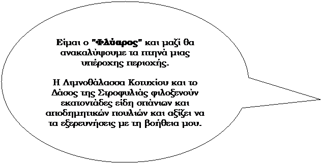 Ελλειψοειδής επεξήγηση: Είμαι ο "Φλύαρος" και μαζί θα ανακαλύψουμε τα πτηνά μιας υπέροχης περιοχής.
Η Λιμνοθάλασσα Κοτυχίου και το Δάσος της Στροφυλιάς φιλοξενούν εκατοντάδες είδη σπάνιων και αποδημητικών πουλιών και αξίζει να τα εξερευνήσεις με τη βοήθεια μου.
